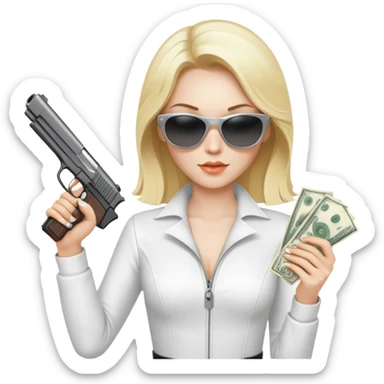 Mafia blondes woman in sunglasses, gun ,money , white costume  sticker