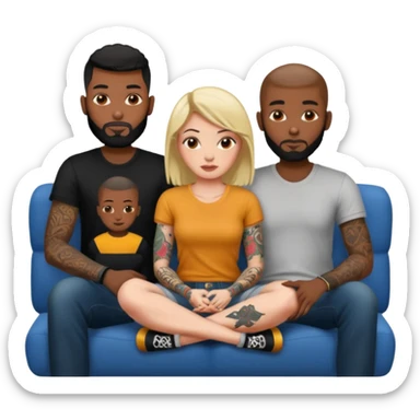 couch, naked people sitting: tattoed female, 2 black males sticker