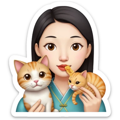 An chinese woman with a big nose, eating a cat sticker