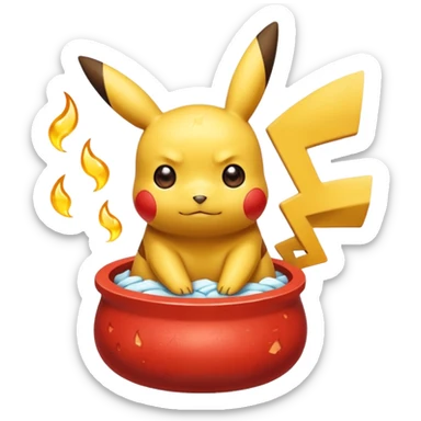 Un Pikachu rouge qui et triste avec des éclairs en fond et il a fait caca et pipi dans un pot  sticker