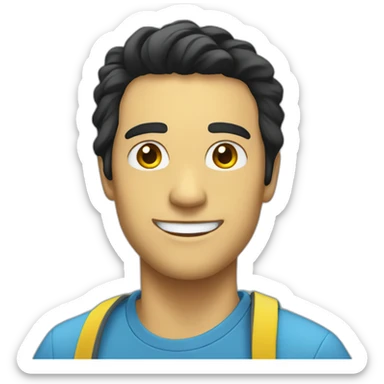 man with black hair and just smile with blue and yellow closher sticker