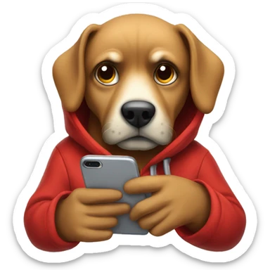 A moody looking dog looking down at his phone wearing a red hoodie  sticker