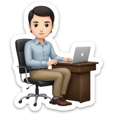 Rich man working setting on a chair in shirt, dark hair, and near the desk with laptop he is german very beautiful looks like sticker