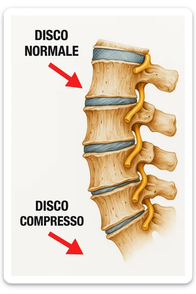 Realistic anatomical vertical illustration inspired by the reference image showing one vertebra with a compressed disc and another with a normal disc, clearly highlighting the difference between the two. Include clear anatomical details, no background, and captions in Italian. Vertical format 2:3. sticker