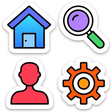 Colorful website navigation icons with vibrant gradients: home icon in blue, search icon in purple, menu icon in green, profile icon in orange, and settings icon in red sticker