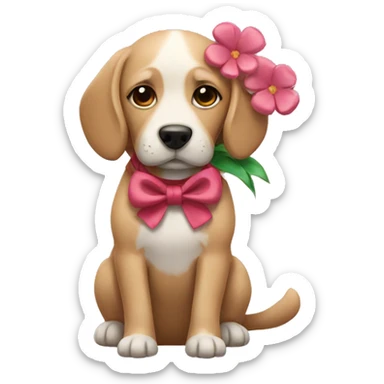 dog with bow holding flower sticker