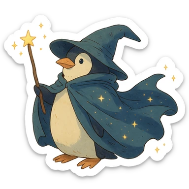 ghibli style penguin wizard with a flowing cloak and sparkles sticker