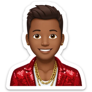 Bobby Brown with dark brown hair, red sequin jacket, shirtless with necklace sticker