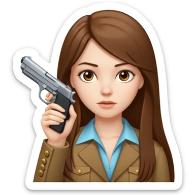 A white girl with long straight brown hair, pointing a hand gun to her temple. sticker