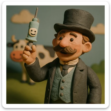A Victorian doctor holding up a vaccination with a smiling face with a cartoon happy cow in the background sticker