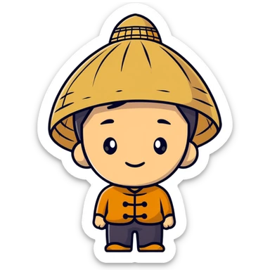 young Asian man with a rice hat sticker