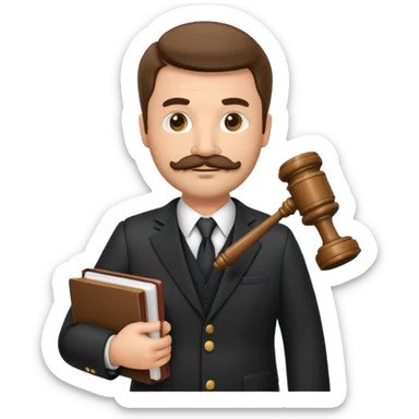 “Create a clean, modern emoji-style illustration of a male lawyer. He is wearing a formal suit jacket. He is holding a judge’s gavel in one hand and has a law book tucked under his arm. He has a mustache and a short beard, and sticker