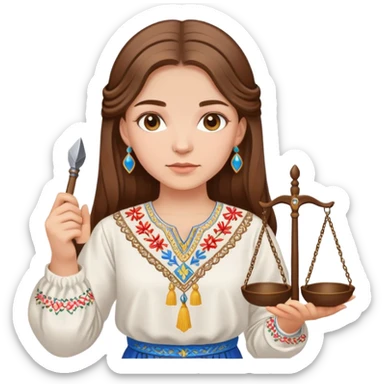 Ukrainian girl with brown hair wearing a traditional embroidered vyshyvanka shirt, holding scales of justice in her hand sticker