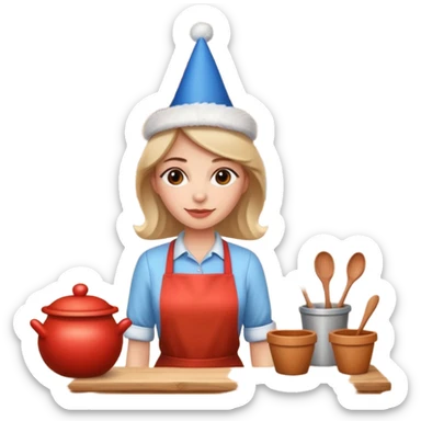cartoon Apple iOS emoji style woman, pastel colors, Chilean wooden kitchen background, clay pots, warm light, detailed and clean vector art sticker