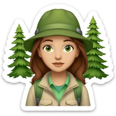 woman hiking in the woods in the sunshine. light face and green eyes. wearing a hat, brown hair sticker