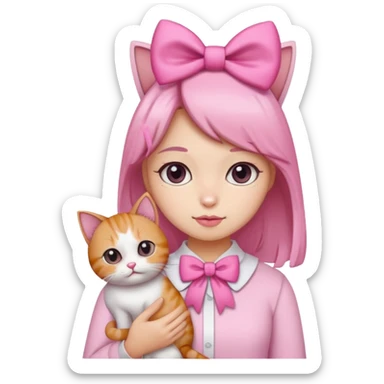 A gurl with pink bow holding a cat sticker