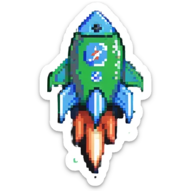 Green check mark with a small rocket ship, deployment success symbol sticker