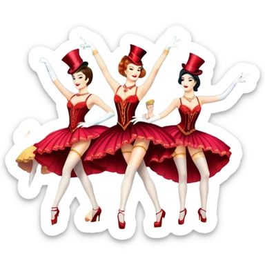 A vintage movie poster-style design inspired by Moulin Rouge. Include glamorous cabaret dancers in extravagant costumes, a colorful stage, sparkling lights, and a sense of drama. The atmosphere should be vibrant, with musical notes in the air. Retro cinematic style. Transparent background. sticker