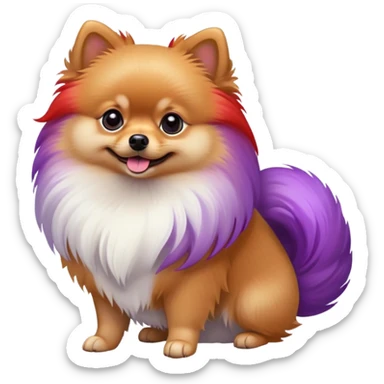 Pomeranian dog with a purple and red tail sticker