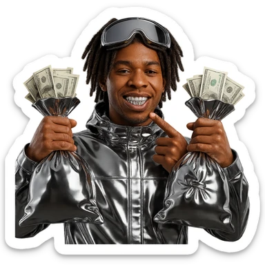 Create a character inspired by the person in the reference image, with realistic brown skin tone and natural facial features. The character has dreadlocks for hair. Dress him in shiny chrome clothes (not matte). He is holding two large chrome brown money bags, one in each hand, with realistic US dollar bills coming out of both bags. Add shiny chrome grills to his teeth and shiny chrome ski goggles on his head. The face and hands look natural. The background is transparent. sticker