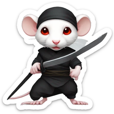 Albino rat red eyes wearing a headband, black ninja costume, dramatic pose, holding sword sticker