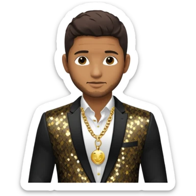Usher with dark brown hair, black sequin suit jacket, shirtless with necklace sticker