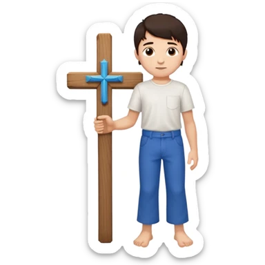 Niño con tes blanca cabello oscuro camisa blanca pantalón azul cruz de madera en la mano y que este sin zapatos  sticker