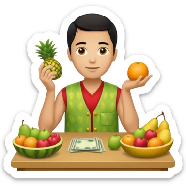 chico piel clara pelo negro con ropa de frutero sentado en una mesa contando mucho dinero sticker
