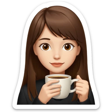 A girl with elongated bangs and long brown hair drinks coffee  sticker