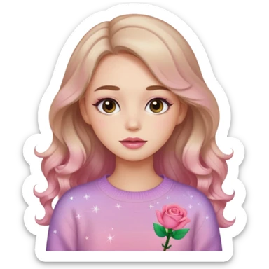 “Emoji girl, soft eyeliner, gradient rose lips, light brown shimmer eyeshadow, sparkly aegyo-sal, long wavy hair, cozy pastel sweater.” sticker