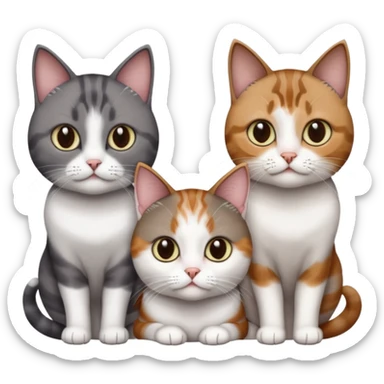 3 different coloured short haired cats including; a dark brown tabby and white cat, and a dark grey and white  sticker