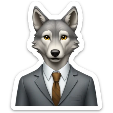Portrait of a gray wolf with a human-like face wears a sleek jacket and tie like a salesman sticker
