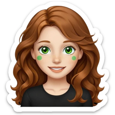 Girl with long wavy brown hair, green eyes, freckles and a black top on. Make her smile  sticker