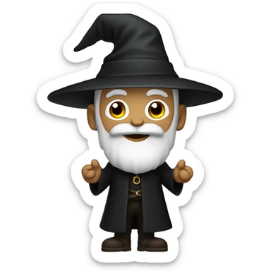 A wizard with a black hat and a black coat. He has a white beard. He is Happy. His full body is shown sticker