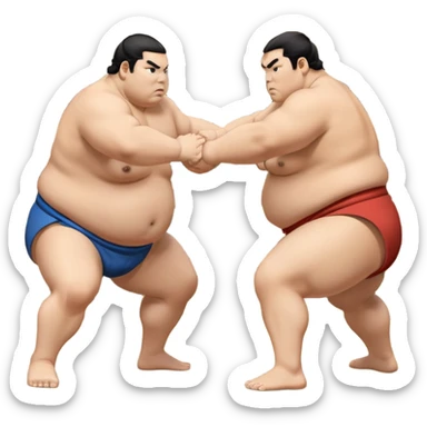 Two sumo wrestlers in a classic dohyo ring, each displaying powerful stances and ready to engage in a fierce match. One wrestler attempts a pushing attack, while the other counters with a thrust. The background shows the traditional sumo arena and spectators. Transparent background. sticker
