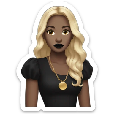 white girl with gold hoop earrings wearing black dress and long hair black lipstick sticker