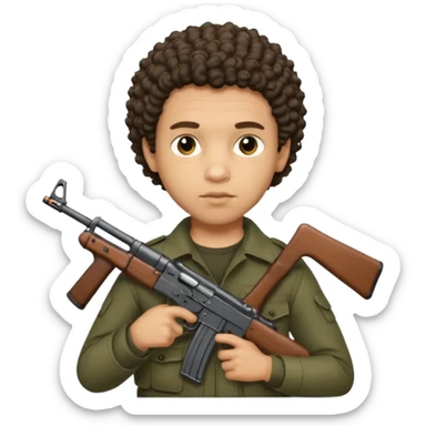 AK47 in hand, light skin male with shortest curly hair  some cuts on the face  sticker