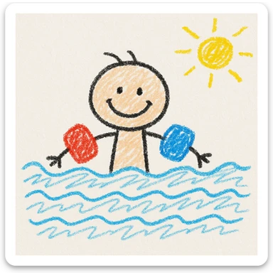A child swimming with floaties, smiling, playful illustration style sticker