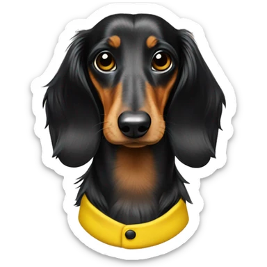 Black long haired dapple dachshund in a yellow suit sticker