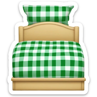 light wooden bed with green gingham beddings and a rectangular headboard sticker