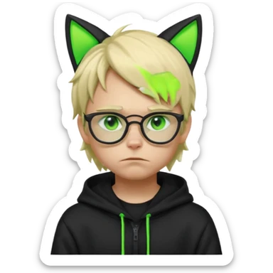 A blond hacker boy with black glasses and a black hoodie with neon green cat ears, cyberpunk style, sad expression, glowing green eyes, soft lighting sticker
