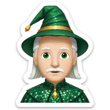 The Wizard from the Wizard of Oz with white hair, dark green sequin outfit sticker