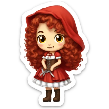 Little Red Riding Hood long curly red hair, brown corset and dress full body pose non-chibi sticker