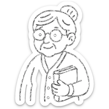 elderly librarian granny, glasses, cardigan, holding a book sticker