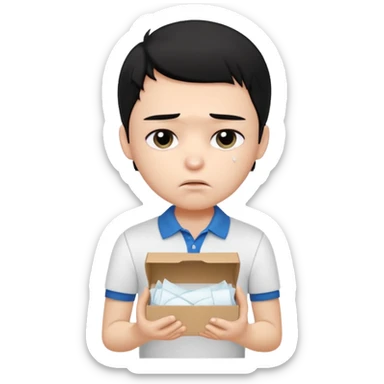 generate a pretty bratz boy with black hair, wearing a plain white polo shirt. Looking sad, holding a box of tissues sticker