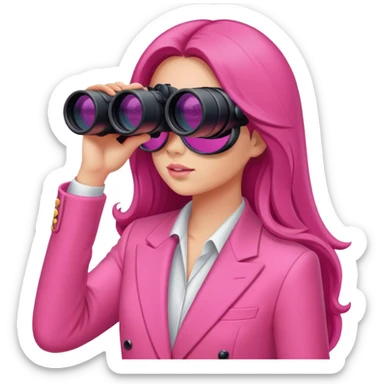 woman with long hair in an intensive color pink suit looking through binoculars sticker