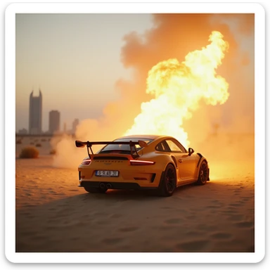 Cinematic shot, Porsche 911 gt3 rs in fire, desert, sunny day, dubai city in background sticker