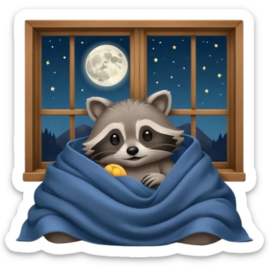 A raccoon sleeps under a blanket against the backdrop of an open window with the moon sticker
