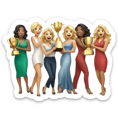 Eight beautiful blonde and Latina women celebrating with a huge gold trophy sticker