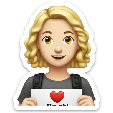 White girl holding sign that says “i love rachel” sticker